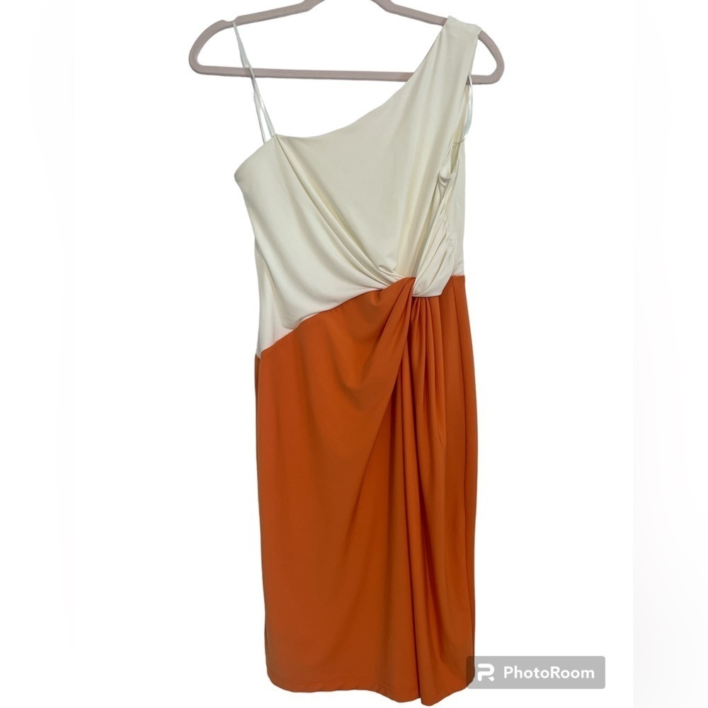 London Times One Shoulder Cocktail Dress, Orange/White, Size 6